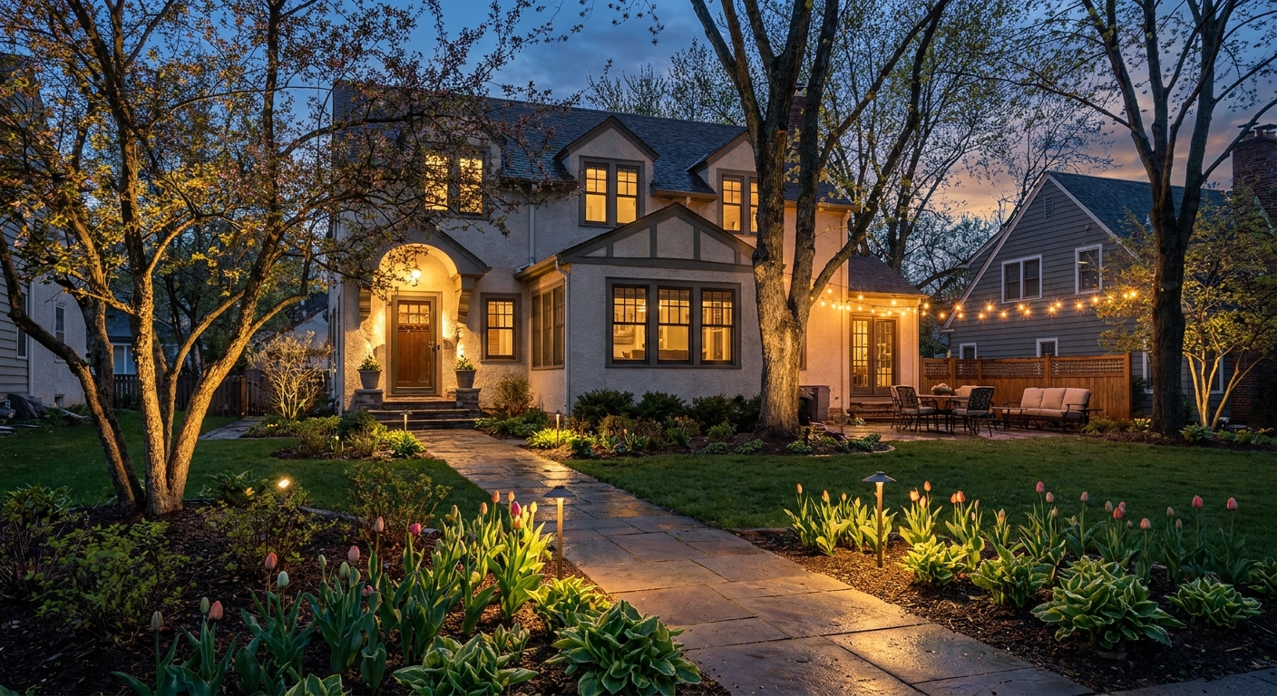 Landscape lighting installation in Minneapolis during spring for enhanced curb appeal and safety.